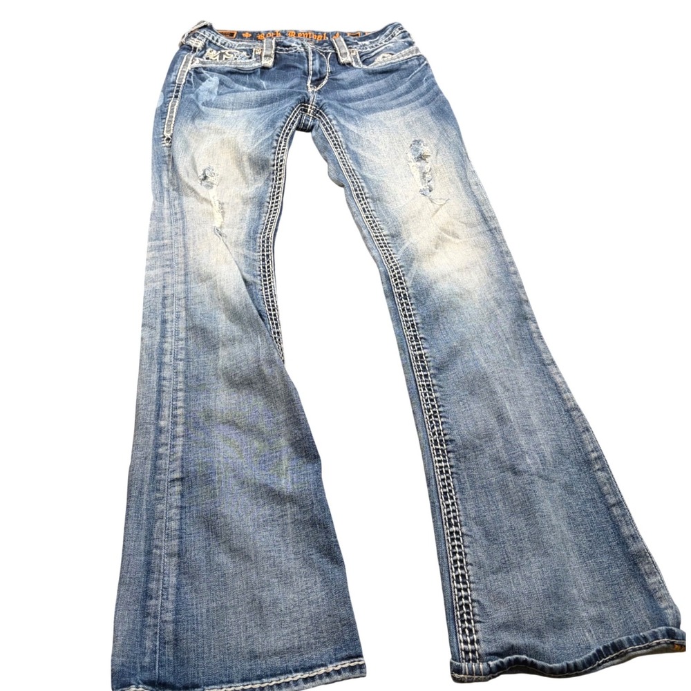Rock Revival Stacey Bootcut Jeans Womens 28 Blue Distressed Thick Stitch Y2K